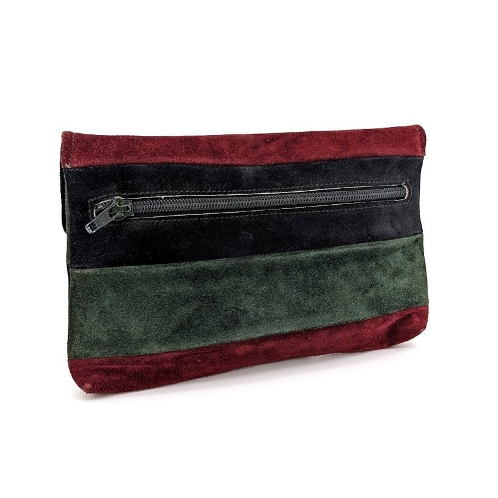 Vintage Suede Colorblock Clutch in Burgundy, Forest Green & Black - Picture 8 of 10